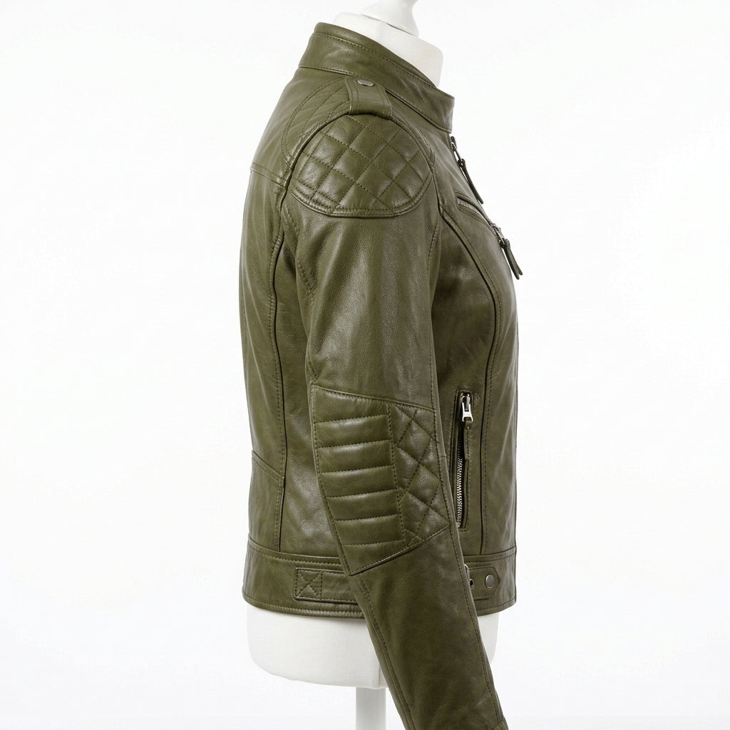Womens Premium Lambskin Olive Green Adventure Biker Jacket | Explorer Green |  Adventure-Ready Motorcycle Fashion