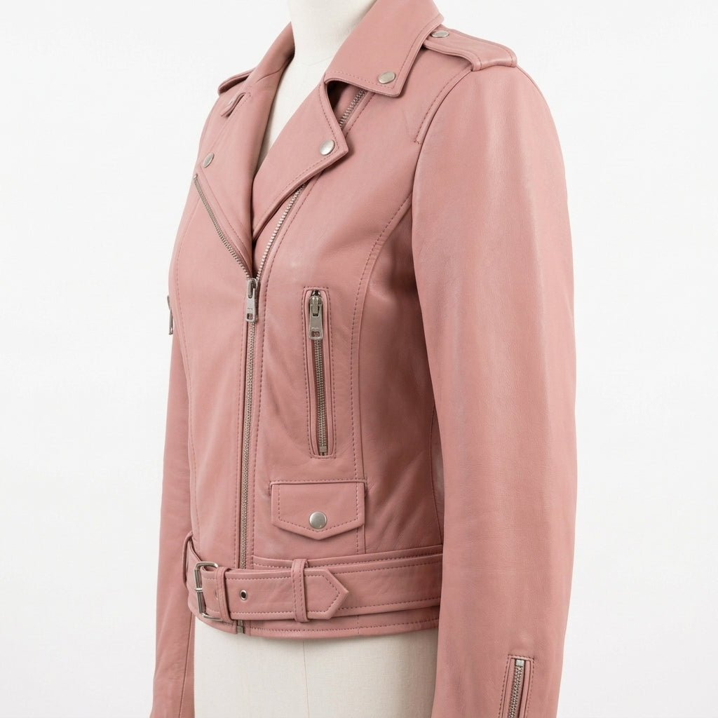 Womens Premium Lambskin Rose Blush Pink Feminine Power Biker Jacket | Bold Pink |  Feminine Power Motorcycle Fashion