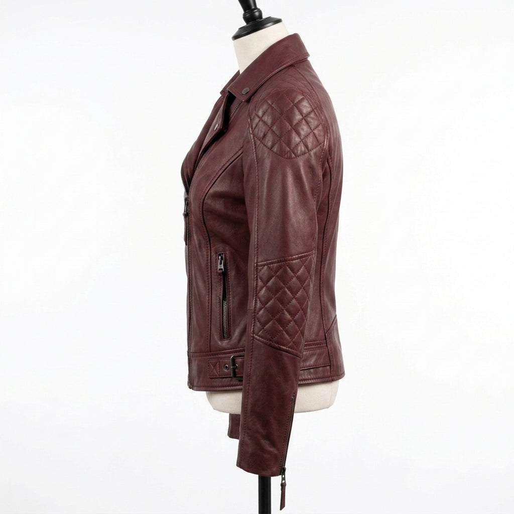 Womens Premium Lambskin Deep Burgundy Romantic Biker Jacket | Rich Wine Color |  Feminine Romantic Motorcycle
