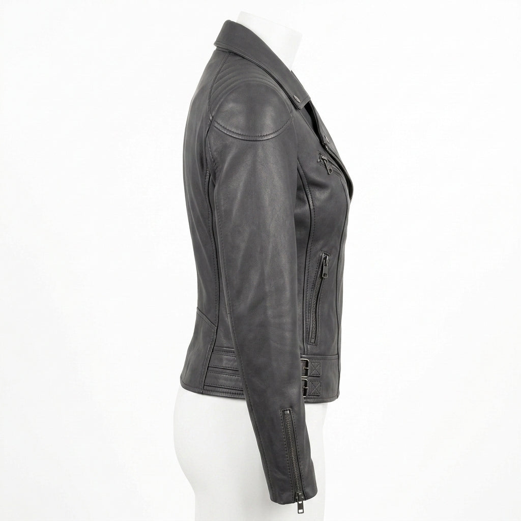 Womens Premium Lambskin Charcoal Grey Sophisticated Biker Jacket | Deep Grey |  Sophisticated Minimalist Motorcycle Fashion