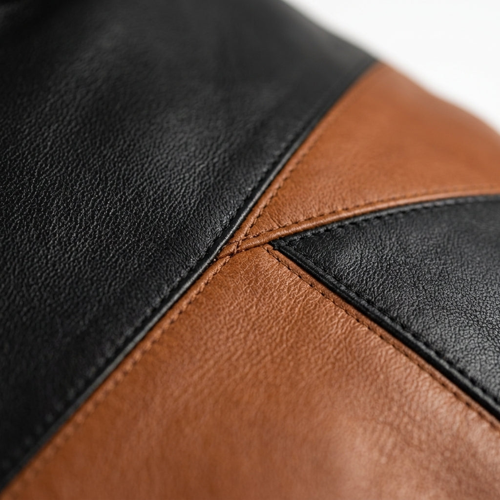 Mens Premium Lambskin Color-Blocking Asymmetric Geometric Bomber | Black/Brown  Art | Modern Fashion Jacket