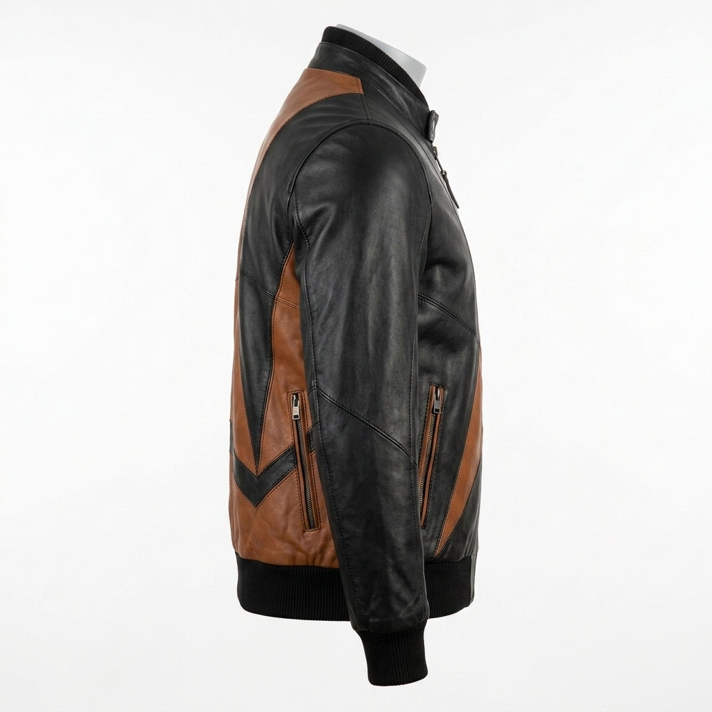 Mens Premium Lambskin Color-Blocking Asymmetric Geometric Bomber | Black/Brown  Art | Modern Fashion Jacket