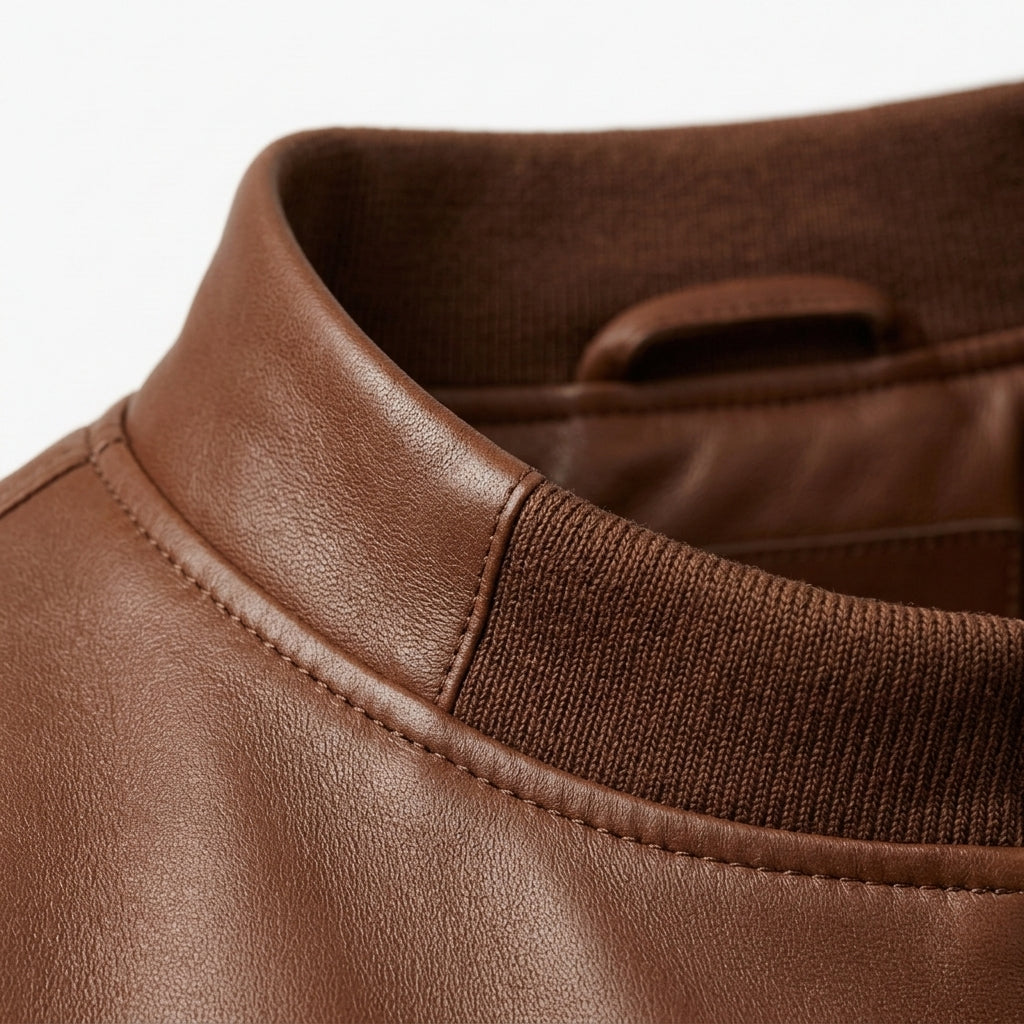 Mens Premium Lambskin Minimalist Collar Alternative Neckline Bomber | Brown  Modern | Contemporary Design Jacket