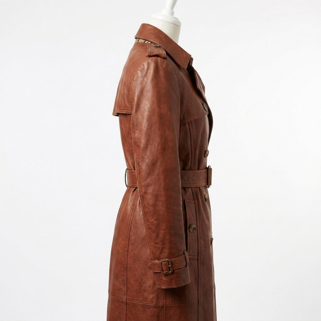Womens Premium Lambskin Cognac Heritage Vintage Brown Trench Coat | Aged Beauty |  Vintage Luxury Fashion