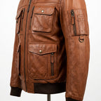 Mens Premium Lambskin Streetwear Utility Maximum Pockets Bomber | Cognac 12+  Pockets | Gear-Carrying Motorcycle Jacket