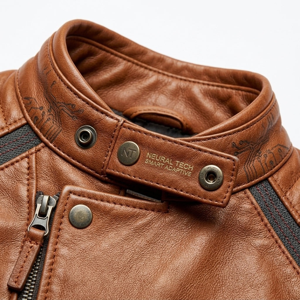 Mens Premium Lambskin Neural Tech Smart Adaptive Biker | Cognac Temperature- Responsive | AI-Enhanced Motorcycle Jacket