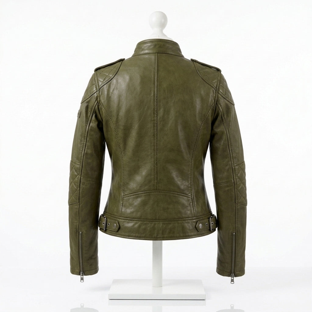 Womens Premium Lambskin Olive Green Adventure Biker Jacket | Explorer Green |  Adventure-Ready Motorcycle Fashion