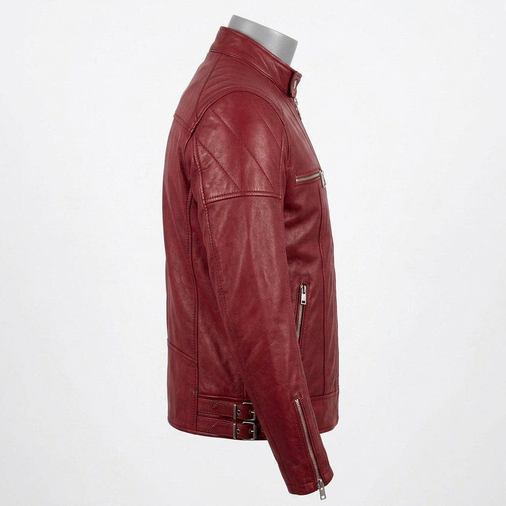 Mens Premium Lambskin Crimson Fire Red Biker Jacket | Deep Red Bold Statement |  Rare Color Motorcycle Gear