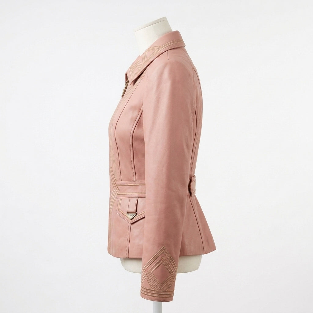 Womens Premium Lambskin Blush Pink Art Deco Feminine Jacket | Geometric Vintage |  Art Deco Fashion
