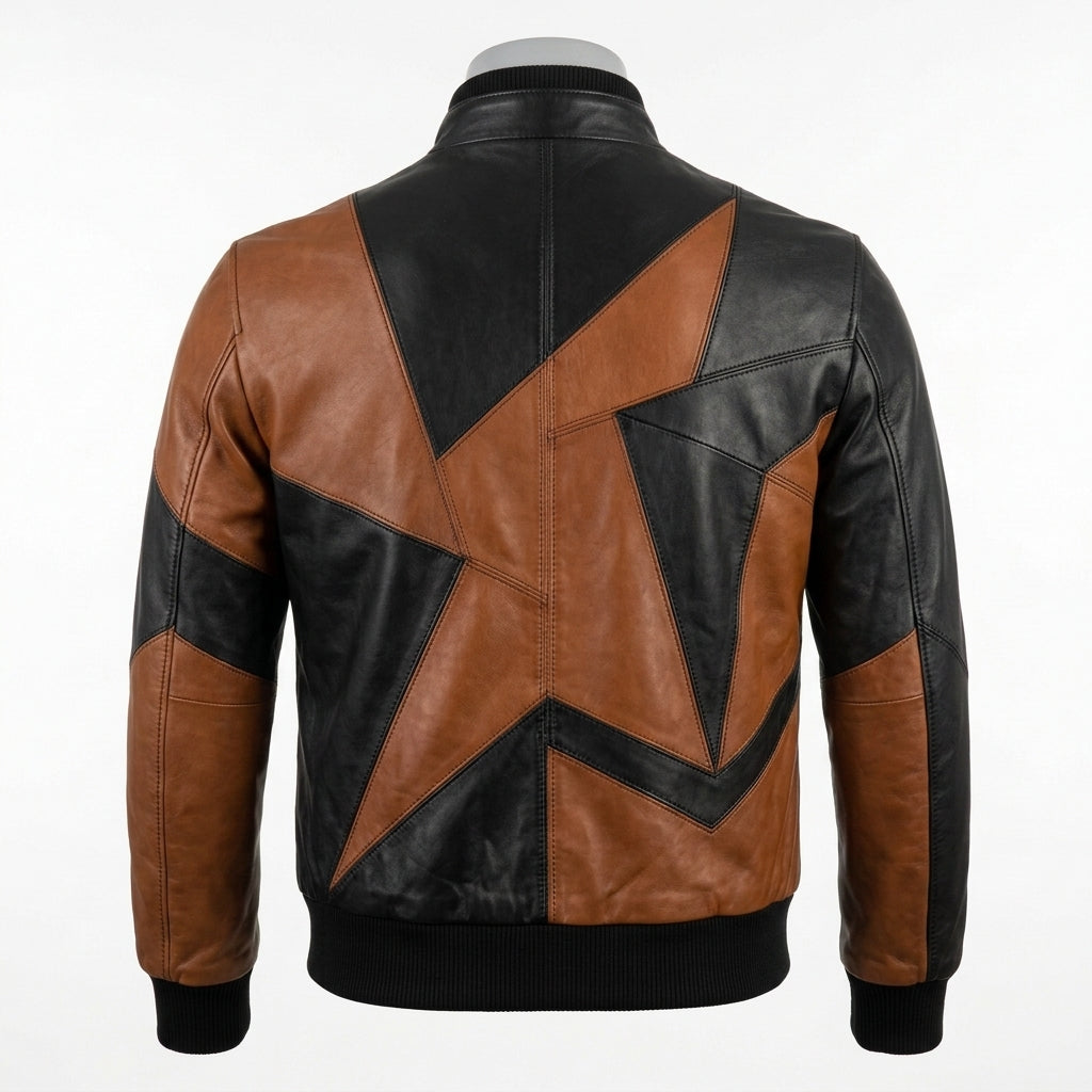 Mens Premium Lambskin Color-Blocking Asymmetric Geometric Bomber | Black/Brown  Art | Modern Fashion Jacket