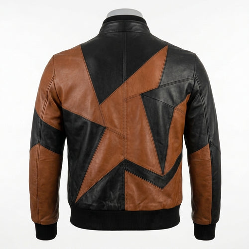 Mens Premium Lambskin Color-Blocking Asymmetric Geometric Bomber | Black/Brown  Art | Modern Fashion Jacket