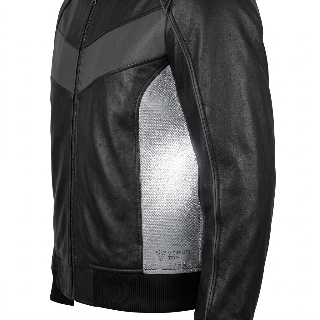 Mens Premium Lambskin Reflective Safety Enhanced Visibility Bomber | Black  Hi-Vis | Night Rider Safety Jacket