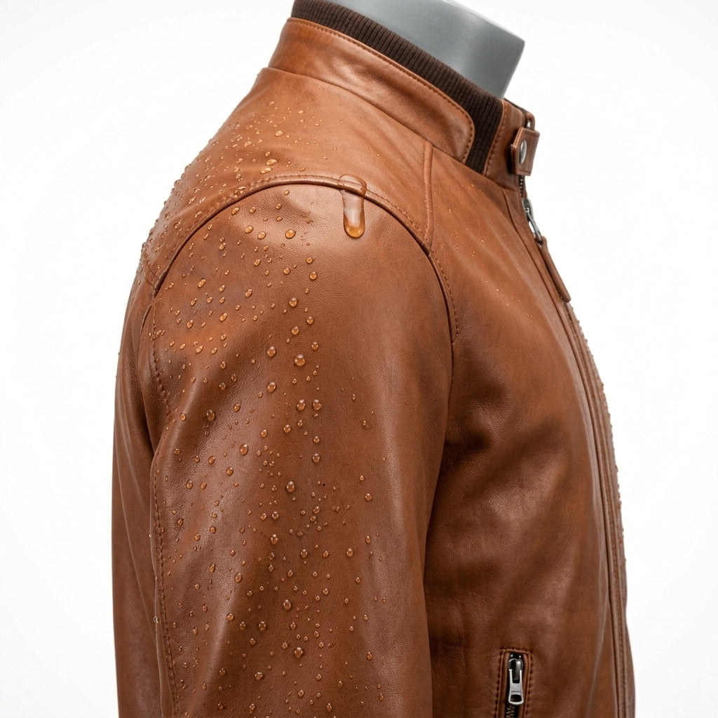 Mens Premium Lambskin Water-Resistant Paradox Bomber | Cognac Nano-Coated |  Weather-Ready Motorcycle Jacket