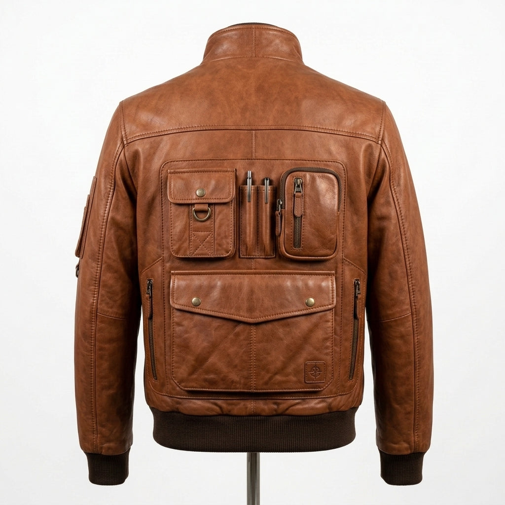 Mens Premium Lambskin Streetwear Utility Maximum Pockets Bomber | Cognac 12+  Pockets | Gear-Carrying Motorcycle Jacket