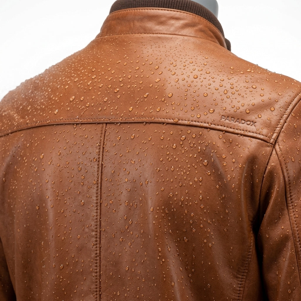 Mens Premium Lambskin Water-Resistant Paradox Bomber | Cognac Nano-Coated |  Weather-Ready Motorcycle Jacket