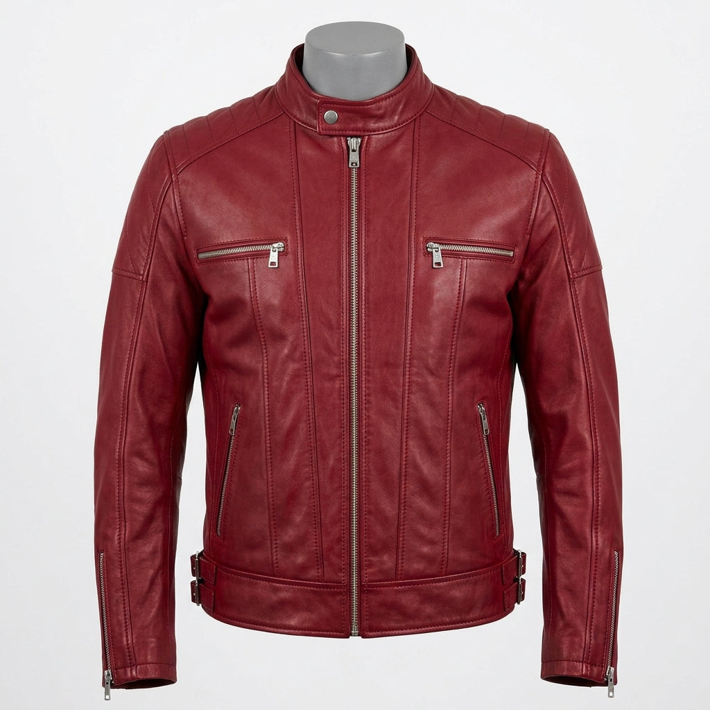 Mens Premium Lambskin Crimson Fire Red Biker Jacket | Deep Red Bold Statement |  Rare Color Motorcycle Gear