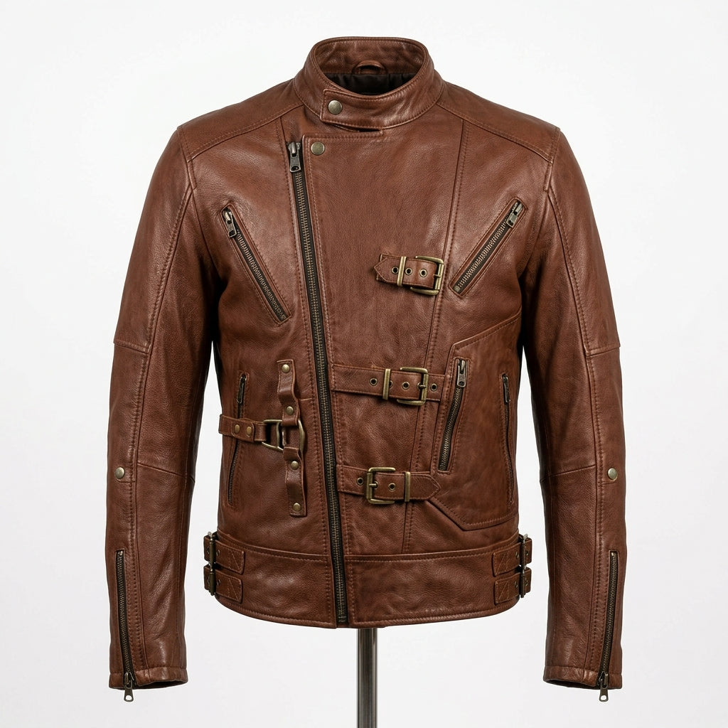 Mens Premium Lambskin Asymmetric Rebellion Wild Biker | Brown Bold Statement |  Rebellious Biker Motorcycle Jacket