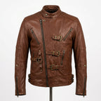 Mens Premium Lambskin Asymmetric Rebellion Wild Biker | Brown Bold Statement |  Rebellious Biker Motorcycle Jacket
