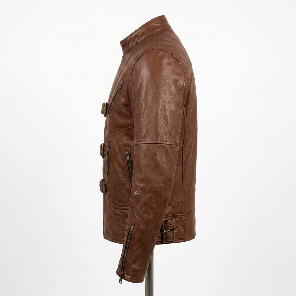 Mens Premium Lambskin Asymmetric Rebellion Wild Biker | Brown Bold Statement |  Rebellious Biker Motorcycle Jacket