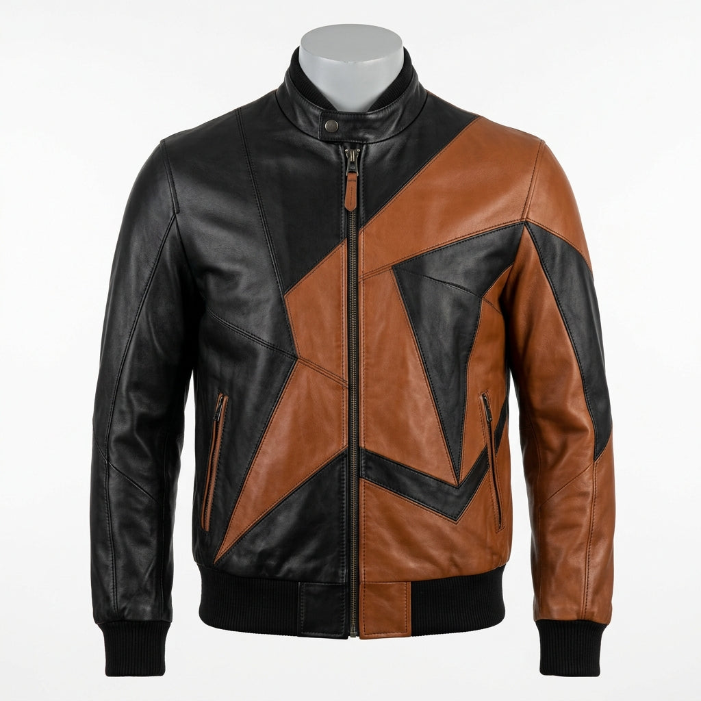 Mens Premium Lambskin Color-Blocking Asymmetric Geometric Bomber | Black/Brown  Art | Modern Fashion Jacket