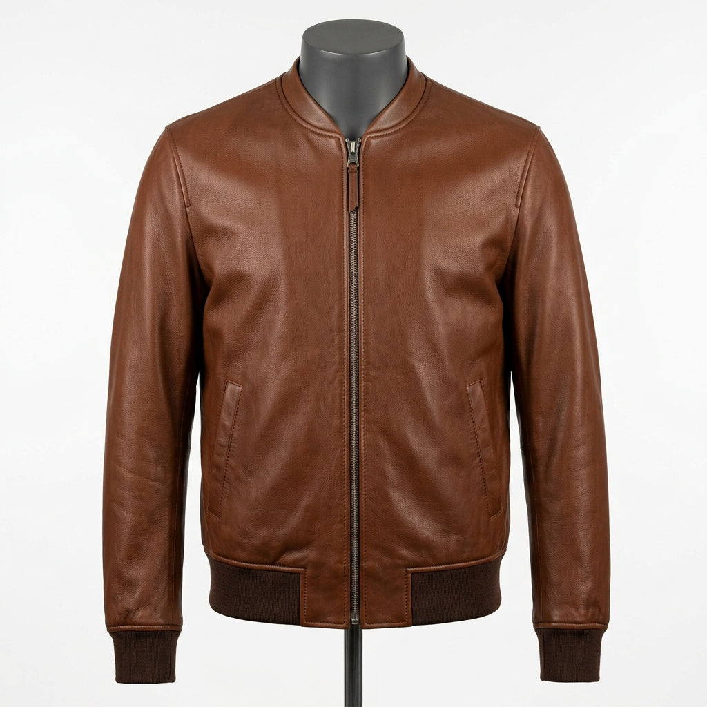 Mens Premium Lambskin Minimalist Collar Alternative Neckline Bomber | Brown  Modern | Contemporary Design Jacket
