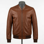 Mens Premium Lambskin Minimalist Collar Alternative Neckline Bomber | Brown  Modern | Contemporary Design Jacket
