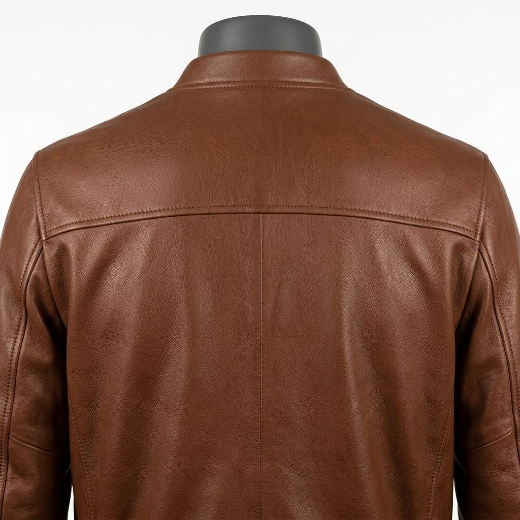 Mens Premium Lambskin Minimalist Collar Alternative Neckline Bomber | Brown  Modern | Contemporary Design Jacket