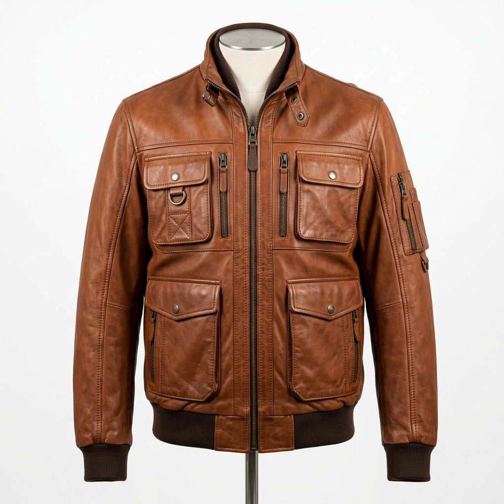 Mens Premium Lambskin Streetwear Utility Maximum Pockets Bomber | Cognac 12+  Pockets | Gear-Carrying Motorcycle Jacket