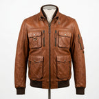 Mens Premium Lambskin Streetwear Utility Maximum Pockets Bomber | Cognac 12+  Pockets | Gear-Carrying Motorcycle Jacket