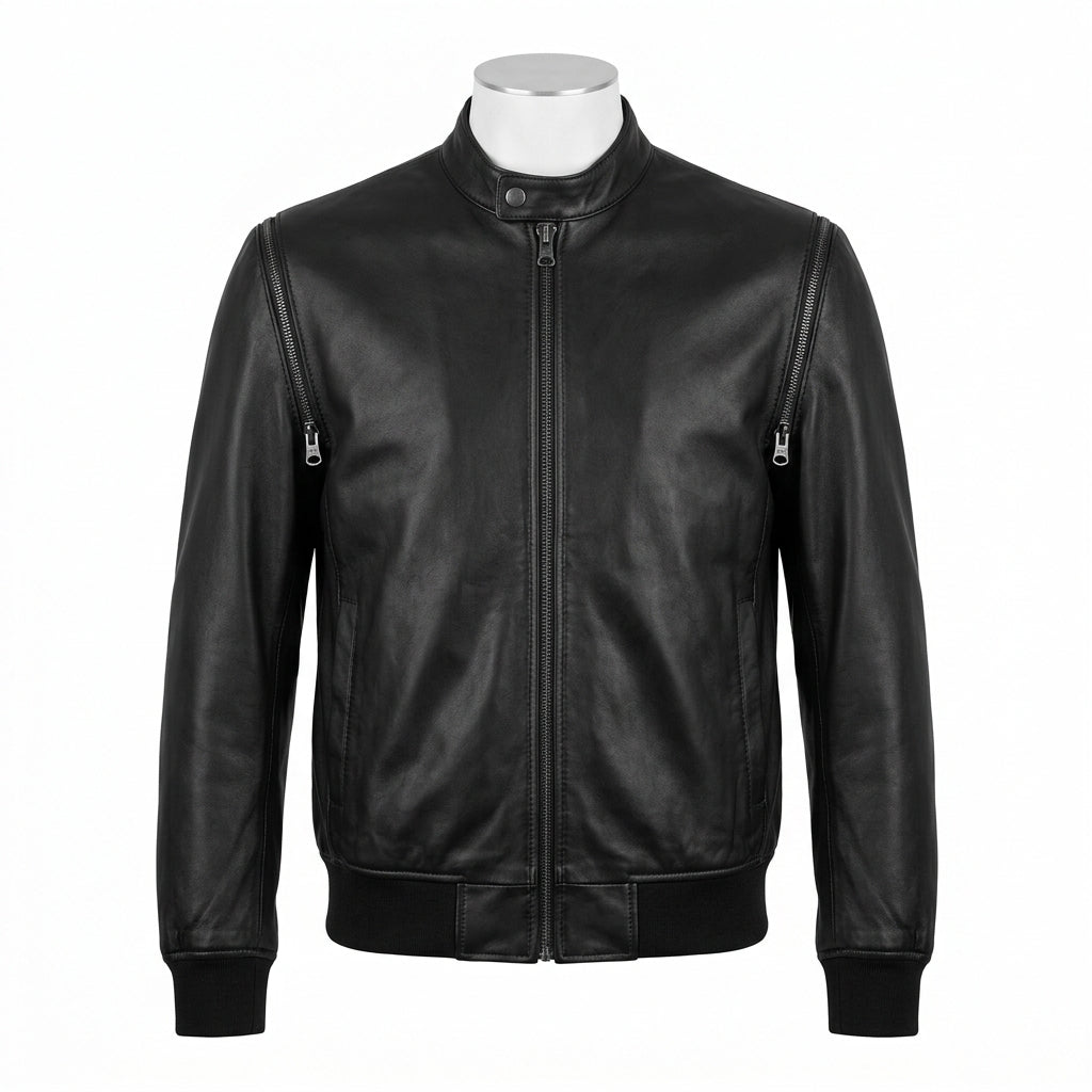 Mens Premium Lambskin Modular Zip-Off Sleeves Convertible Bomber | Black |  Vest Conversion Jacket