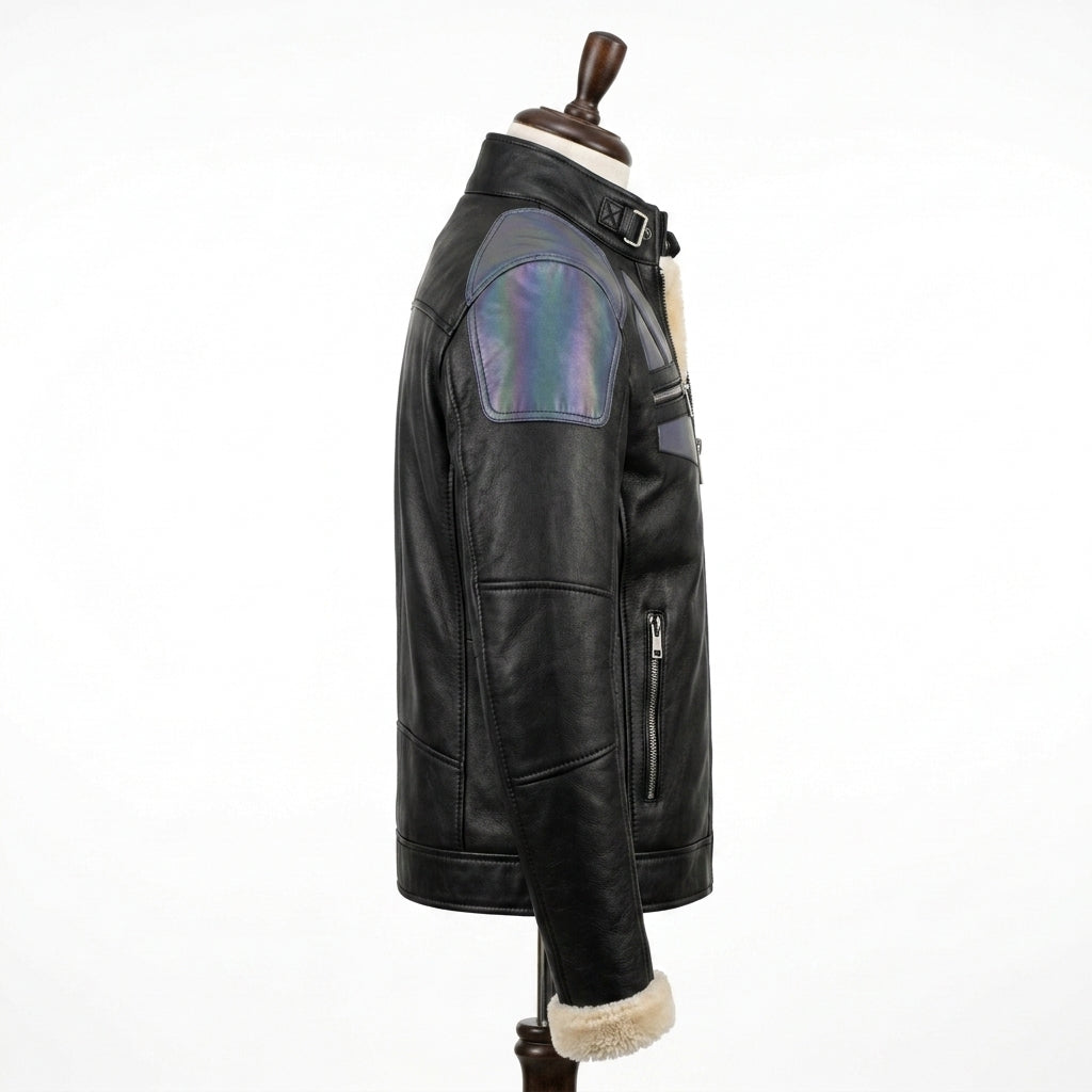 Mens Premium Lambskin Hybrid Tech Fusion Biker Jacket | Black Tech Panels |  Modern Tech-Integrated Motorcycle Gear