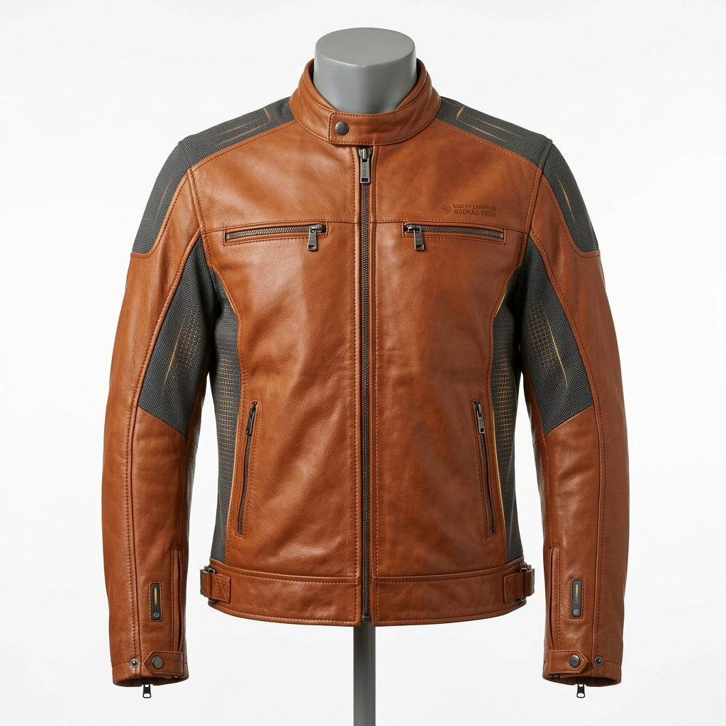 Mens Premium Lambskin Neural Tech Smart Adaptive Biker | Cognac Temperature- Responsive | AI-Enhanced Motorcycle Jacket
