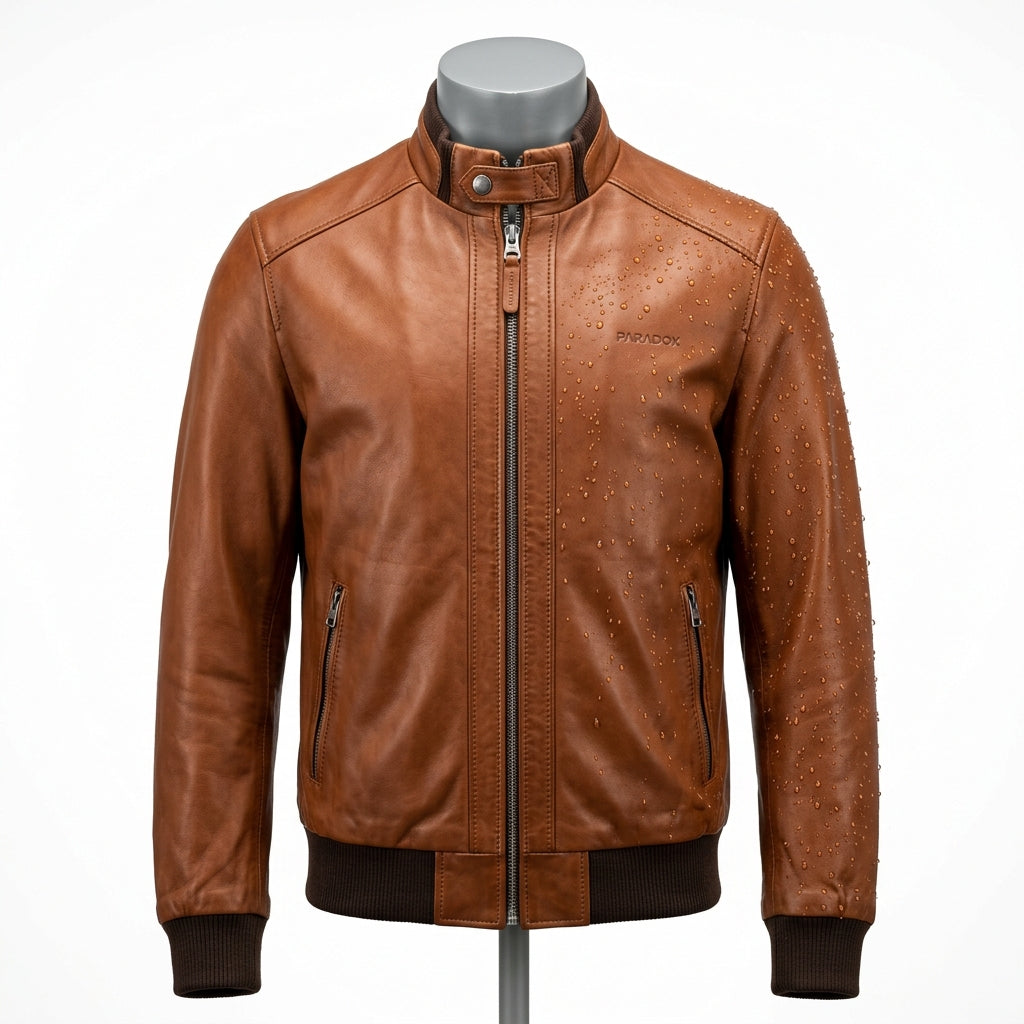 Mens Premium Lambskin Water-Resistant Paradox Bomber | Cognac Nano-Coated |  Weather-Ready Motorcycle Jacket