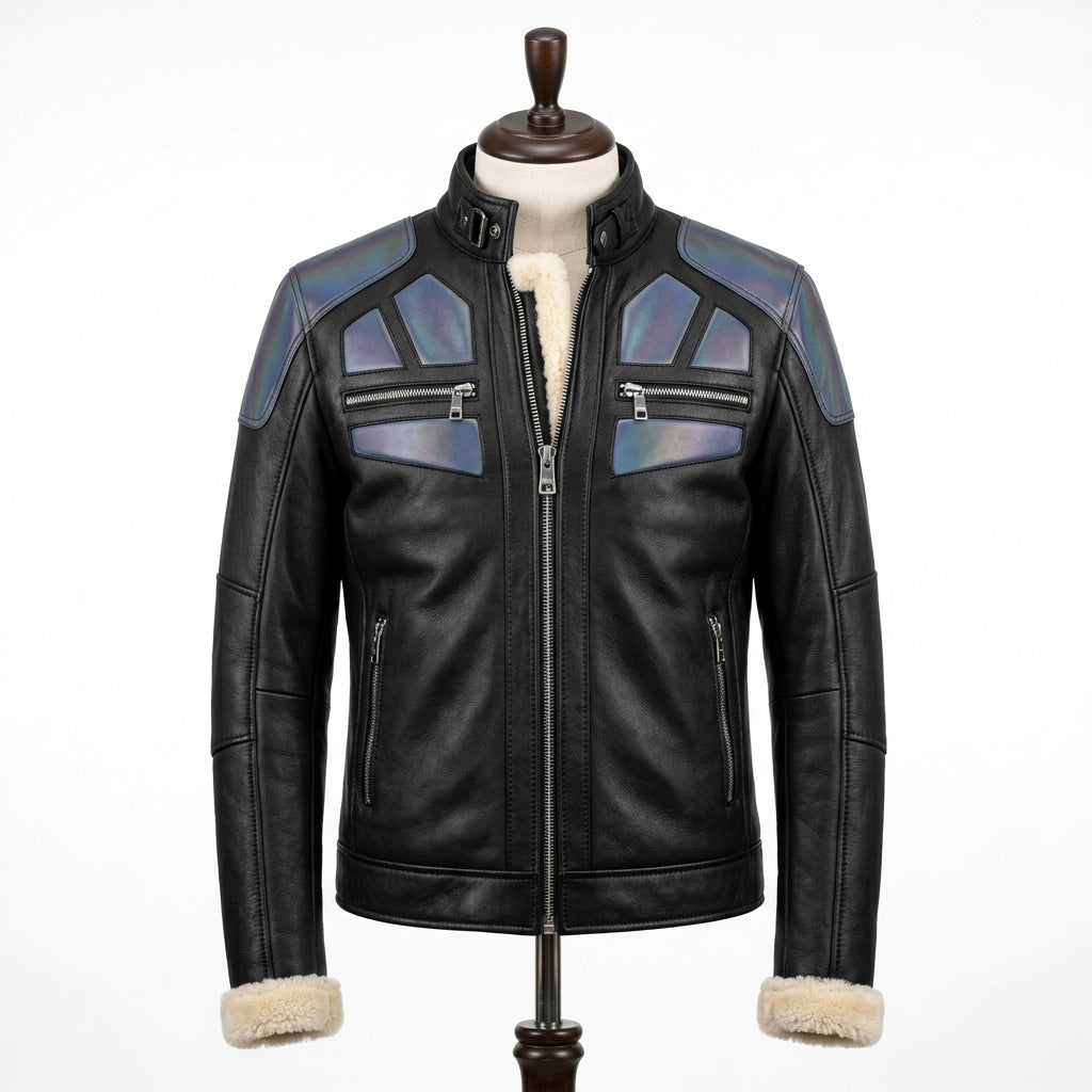 Mens Premium Lambskin Hybrid Tech Fusion Biker Jacket | Black Tech Panels |  Modern Tech-Integrated Motorcycle Gear