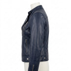 Womens Premium Lambskin Navy Blue Contemporary Power Biker Jacket | Deep Blue |  Power Motorcycle Fashion