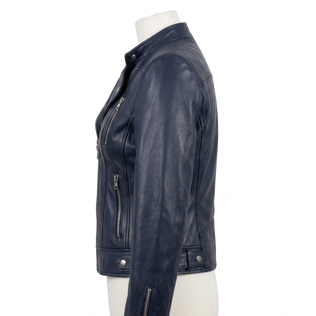 Womens Premium Lambskin Navy Blue Contemporary Power Biker Jacket | Deep Blue |  Power Motorcycle Fashion