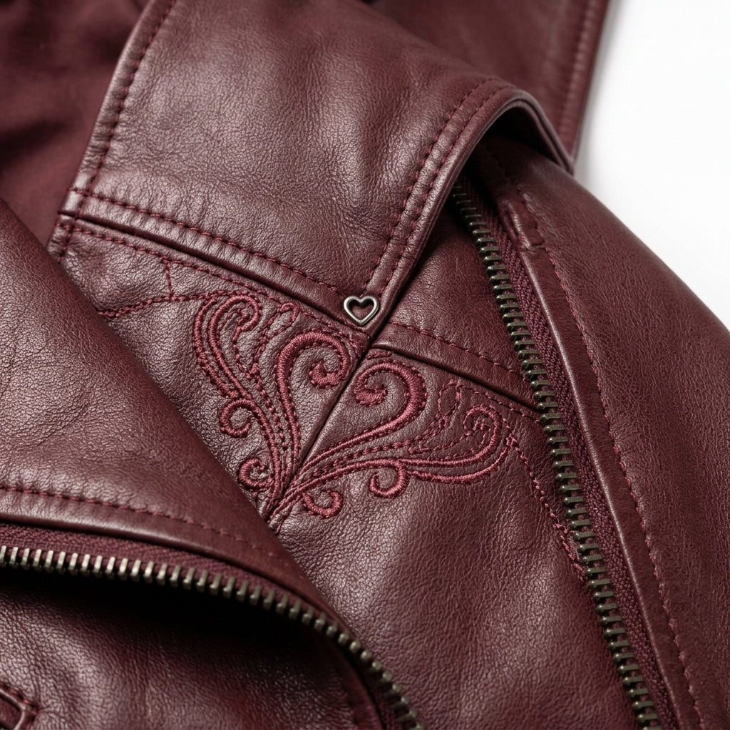 Womens Premium Lambskin Deep Burgundy Romantic Biker Jacket | Rich Wine Color |  Feminine Romantic Motorcycle