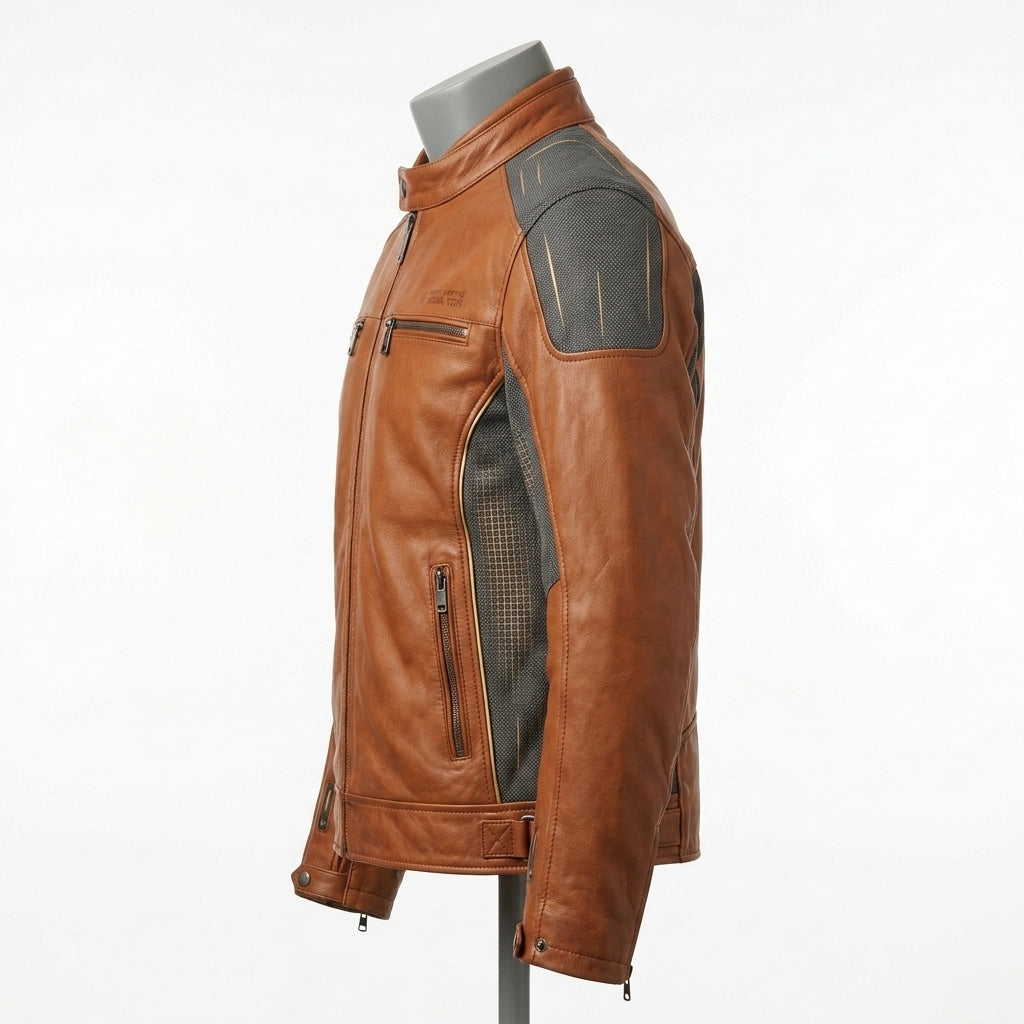 Mens Premium Lambskin Neural Tech Smart Adaptive Biker | Cognac Temperature- Responsive | AI-Enhanced Motorcycle Jacket