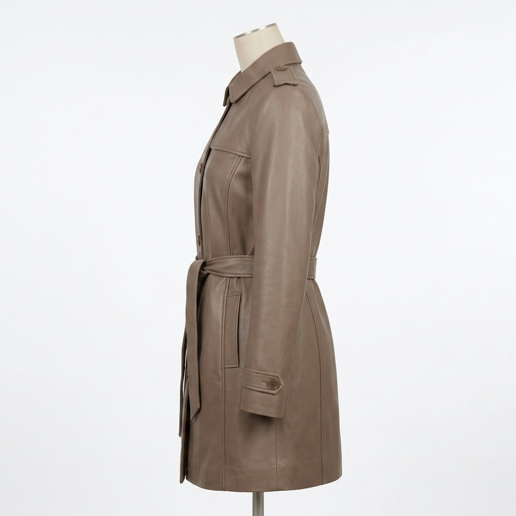 Womens Premium Lambskin Taupe Neutral Sophisticated Brown Trench Coat | Elegant  Neutral | Minimalist Luxury Fashion