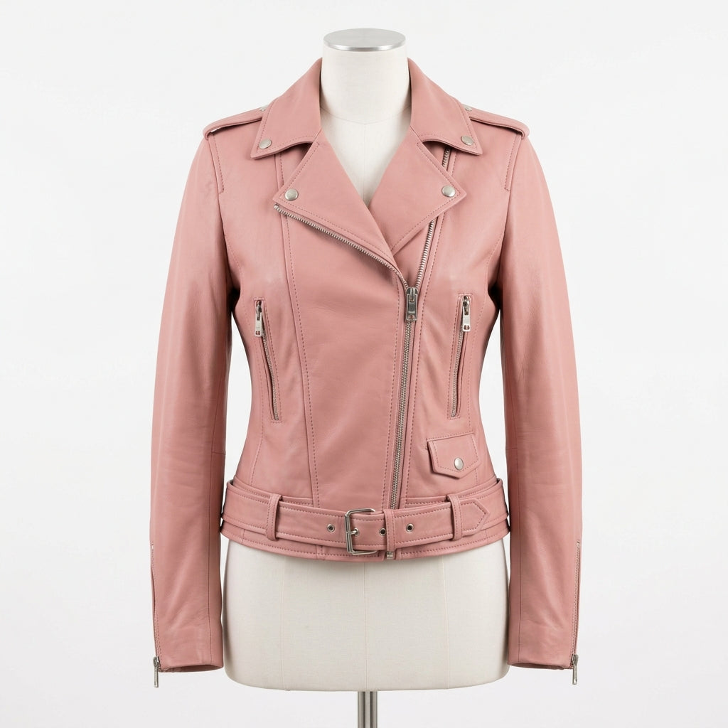 Womens Premium Lambskin Rose Blush Pink Feminine Power Biker Jacket | Bold Pink |  Feminine Power Motorcycle Fashion
