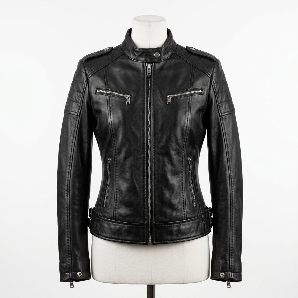 Womens Premium Lambskin Jet Black Classic Power Biker Jacket | Feminine Tailored |  Timeless Motorcycle Fashion