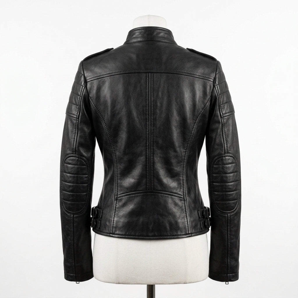 Womens Premium Lambskin Jet Black Classic Power Biker Jacket | Feminine Tailored |  Timeless Motorcycle Fashion