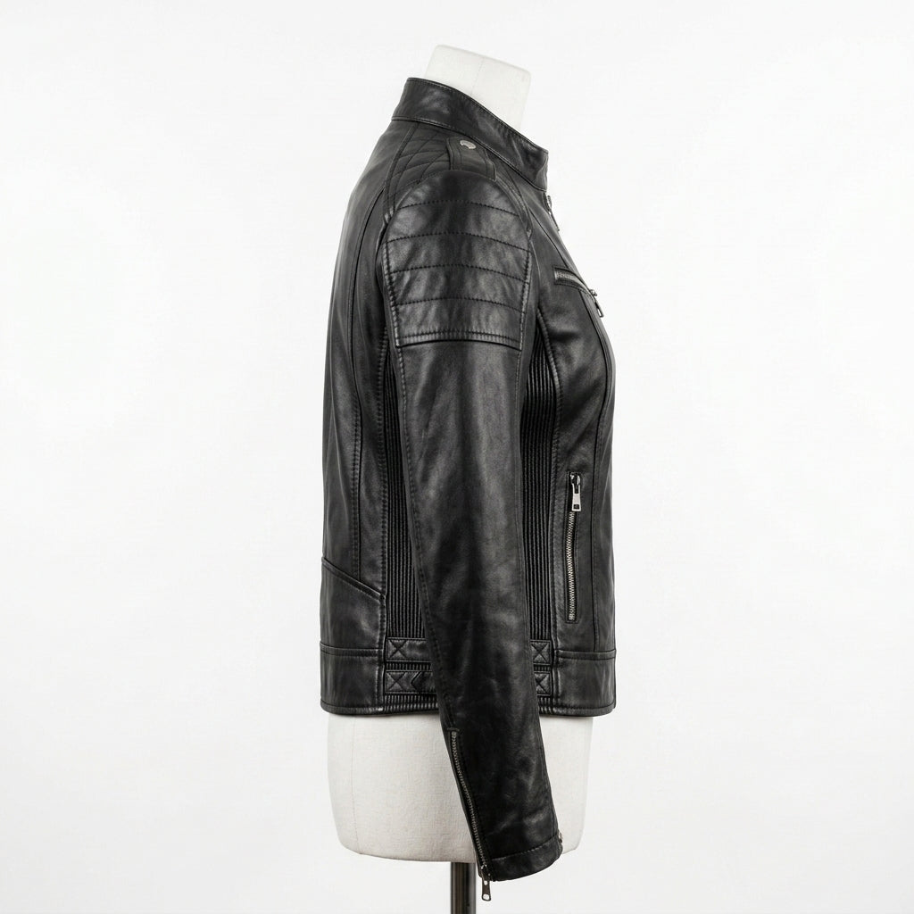 Womens Premium Lambskin Jet Black Classic Power Biker Jacket | Feminine Tailored |  Timeless Motorcycle Fashion