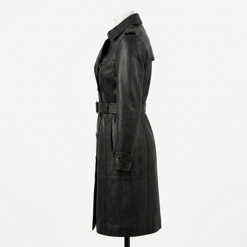Womens Premium Lambskin Jet Black Classic Sophisticated Trench Coat | Timeless  Professional | Luxury Fashion Outerwear