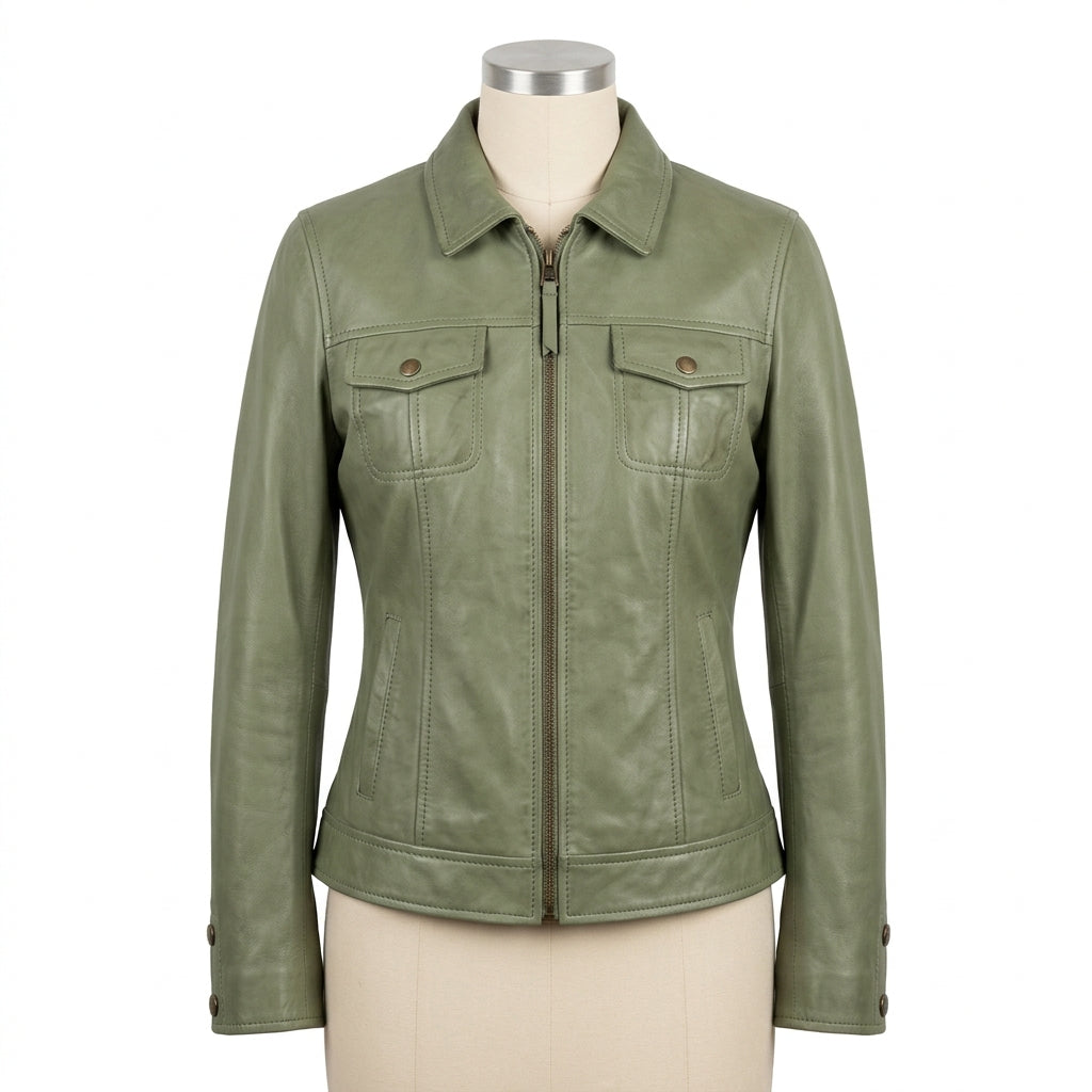Womens Premium Lambskin Sage Green Nature Vintage Jacket | Eco-Conscious Aesthetic |  Natural Vintage Fashion