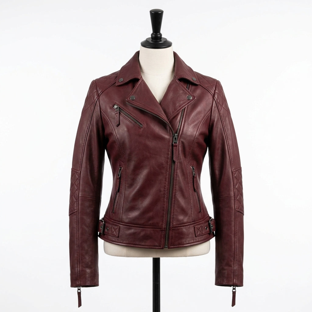 Womens Premium Lambskin Deep Burgundy Romantic Biker Jacket | Rich Wine Color |  Feminine Romantic Motorcycle
