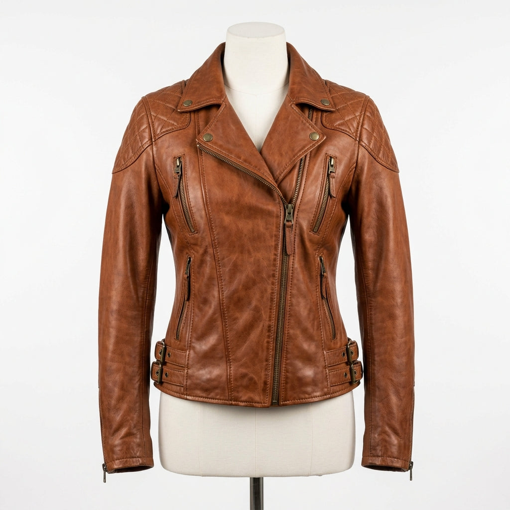 Womens Premium Lambskin Rich Cognac Heritage Biker Jacket | Warm Brown Vintage |  Authentic Motorcycle Fashion