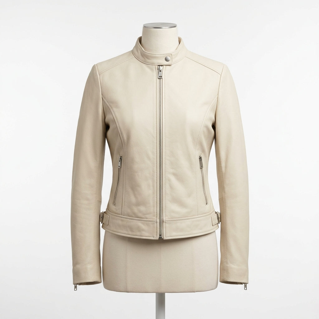 Womens Premium Lambskin Cream White Modern Minimal Biker Jacket | Contemporary  White | Modern Motorcycle Fashion
