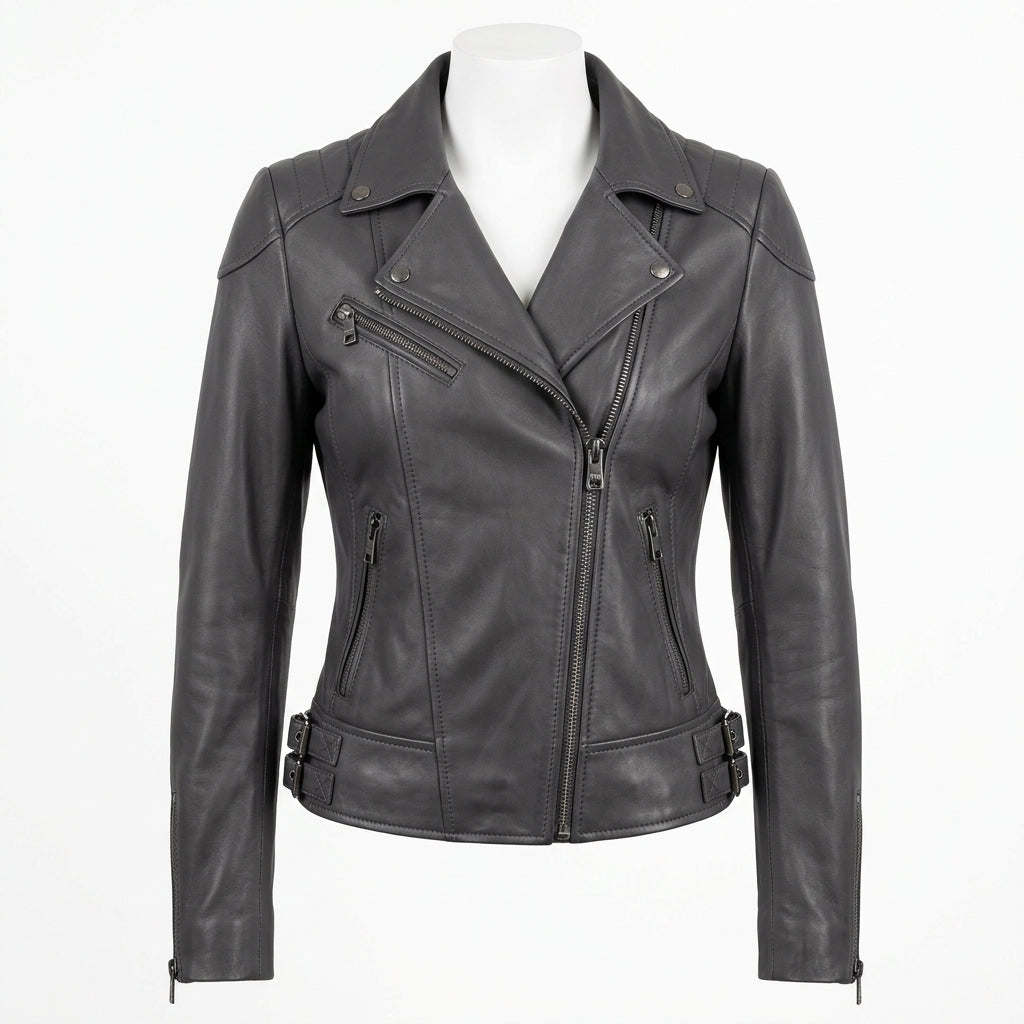 Womens Premium Lambskin Charcoal Grey Sophisticated Biker Jacket | Deep Grey |  Sophisticated Minimalist Motorcycle Fashion