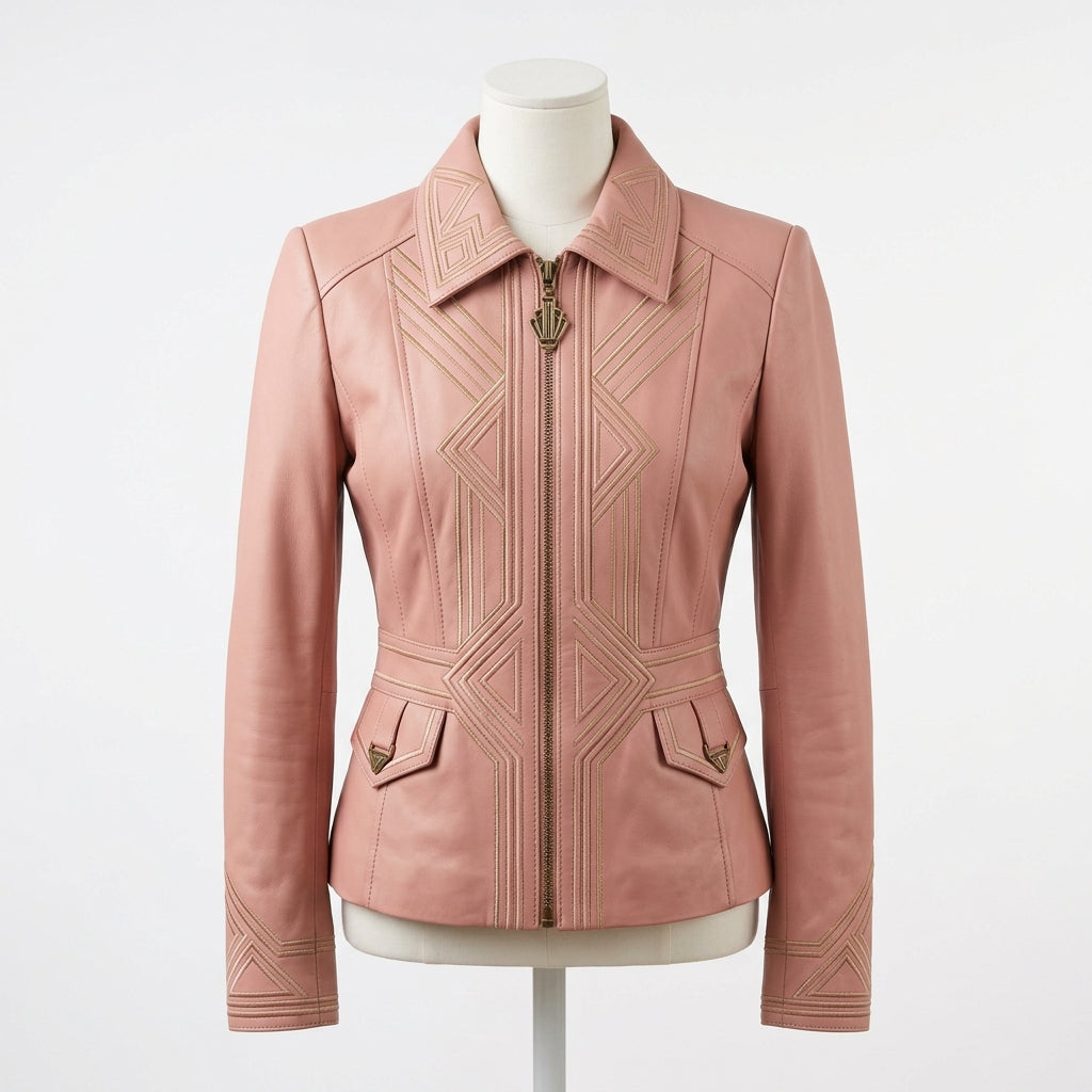 Womens Premium Lambskin Blush Pink Art Deco Feminine Jacket | Geometric Vintage |  Art Deco Fashion
